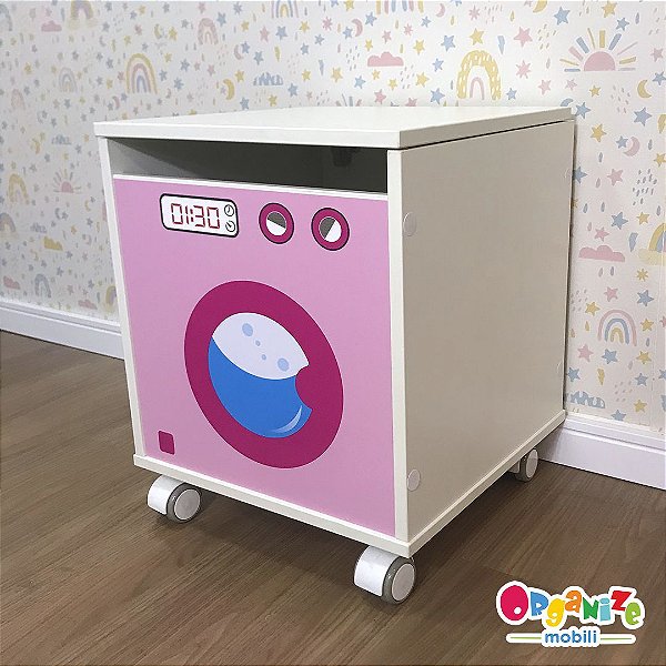 Baú infantil com tampa organizador de brinquedos com tema na frente - Máquina de lavar infantil