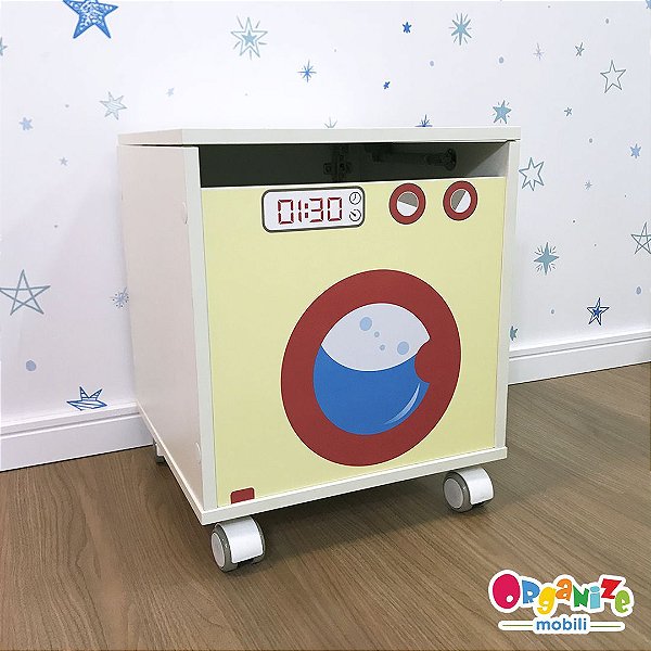 Baú infantil com tampa organizador de brinquedos com tema na frente - Máquina de lavar infantil amarela