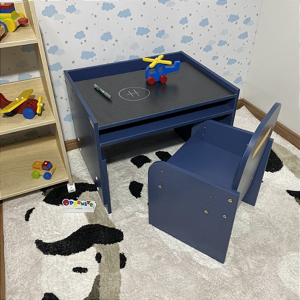 Combo mini office - Mesa (MARI63) azul tampo lousa negra + Cadeira com regulagem (CARI2) azul