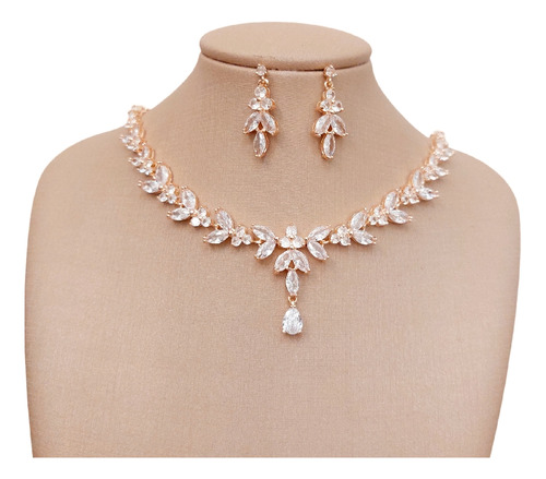 Colar E Brinco Noiva Zircônia Rose Gold Festa Debutante Luxo