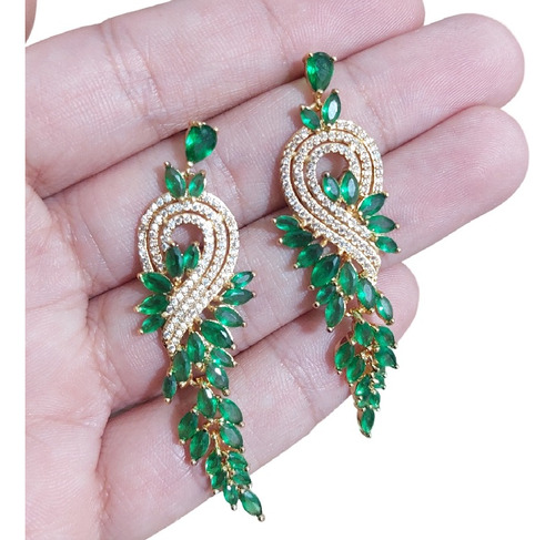 Brinco Noiva Zirconia Verde Festa Formatura Madrinha Dourado