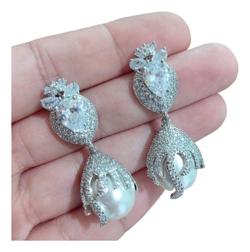 Brinco Noiva Zirconia Pérola Prata Delicado Luxo Grande Gota