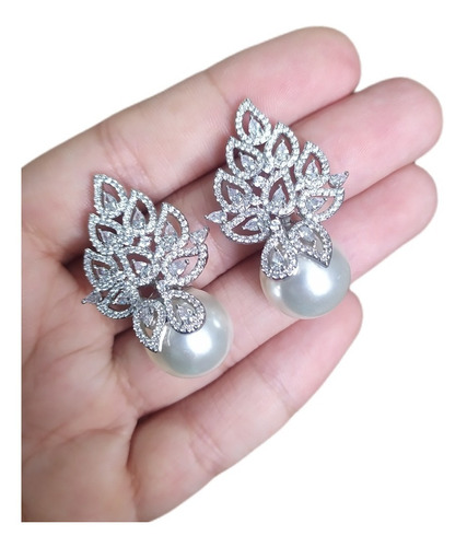 Brinco Noiva Zirconia E Pérola Prata Delicado Luxo