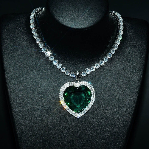 Colar Pedra Zirconia Coração Grande Titanic Verde Azul Luxo