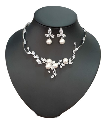 Colar E Brinco Noiva Zircônia E Pérola Prata Festa Debutante
