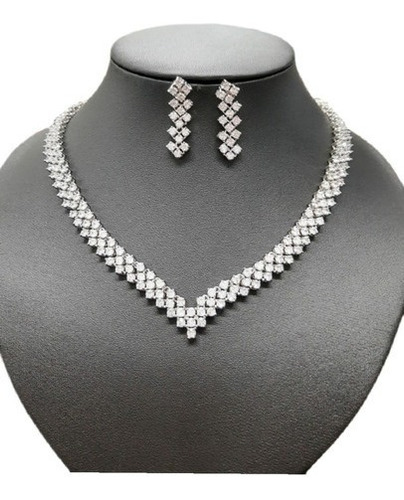 Conjunto Colar E Brinco Noiva Zircônia Prata Festa Debutante