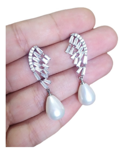 Brinco Pérola E Zirconia Noiva Pequeno Delicado Prata Gota