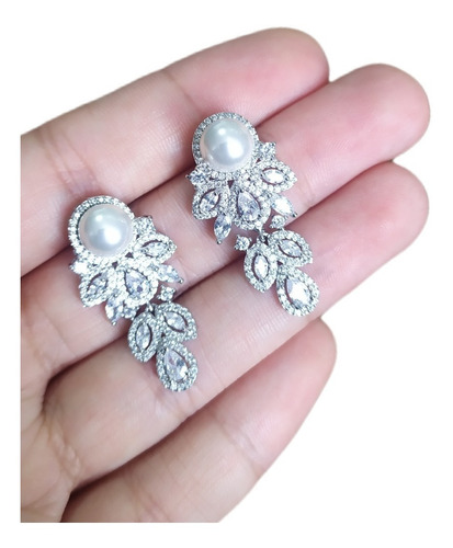 Brinco Noiva Zirconia Perola Pendurado Prata Delicado Festa