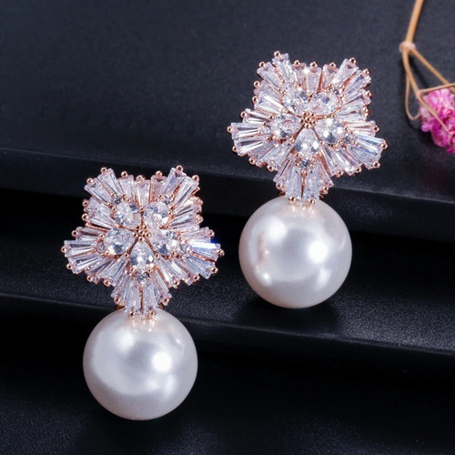 Brinco Noiva Zirconia Perola Pendurado Dourado Rosê Festa