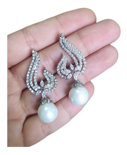 Brinco Noiva Zirconia Perola Pendurado Prata Delicado Festa
