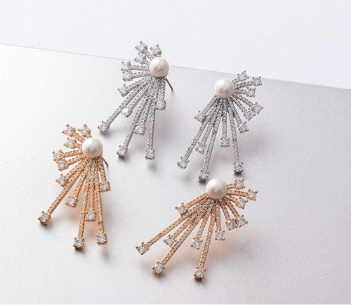 Brinco Noiva Zirconia E Perola Prata Ou Dourado Festa