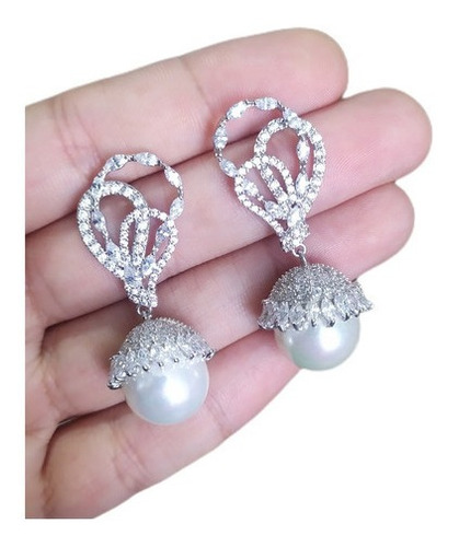 Brinco Noiva Zirconia Perola Pendurado Prata Delicado Festa