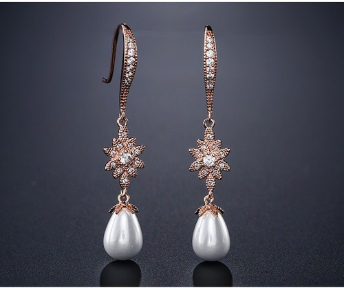 Brinco Noiva Zirconia Perola Pendurado Dourado Rosê Festa