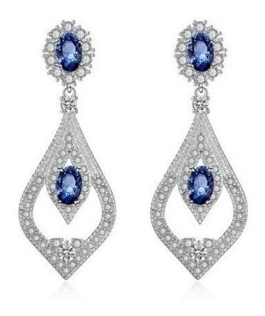 Brinco Noiva Zirconia Azul Prata Festa Madrinha Formatura