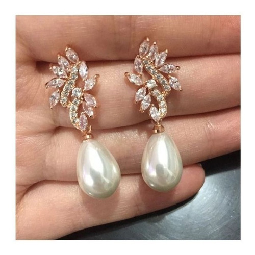 Brinco Pérola E Zirconia Noiva Pequeno Delicado Dourado Gota