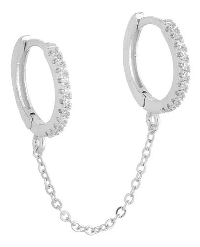 Brinco Argola Dupla Com Corrente E Pedra Zircônia Prata 9 Mm
