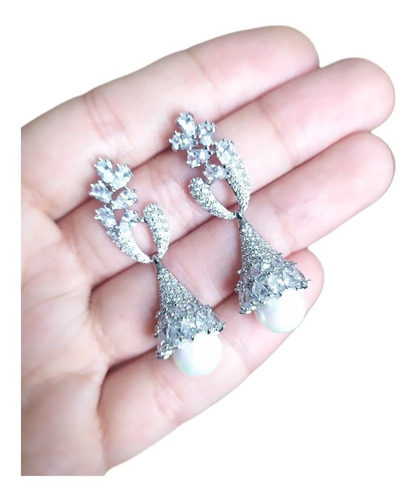Brinco Pérola Zirconia Noiva Prata Pendurado Festa Madrinha