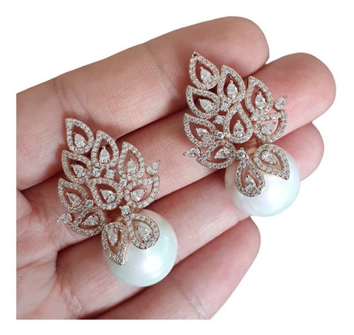 Brinco Noiva Zirconia Perola Pendurado Dourado Rosê Festa