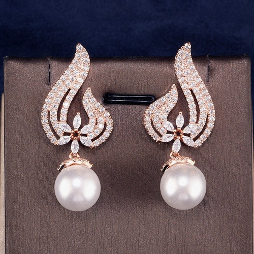 Brinco Noiva Zirconia Perola Pendurado Dourado Rosê Festa