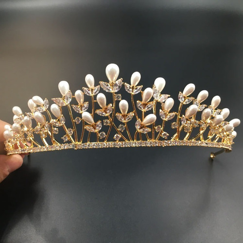 Coroa Tiara Dourada Arranjo Cabelo Noiva Zirconia E Perola
