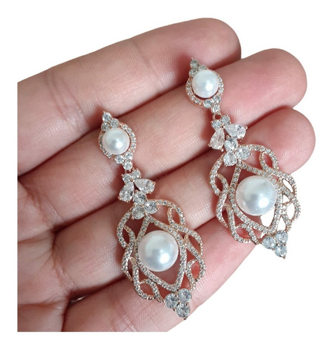 Brinco Noiva Zirconia Perola Pendurado Dourado Rosê Festa