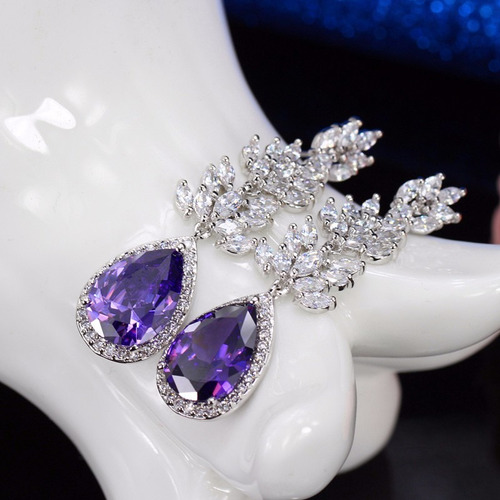 Brinco Noiva Zirconia Roxo Prata Pendurado Festa Debutante