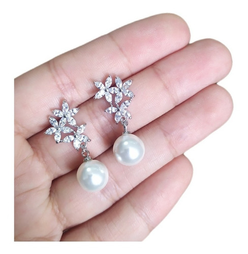Brinco Noiva Zirconia E Pérola Prata Delicado Luxo
