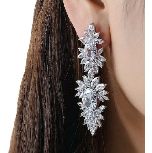 Brinco Noiva Zirconia Pendurado Grande Prata Debutante Luxo