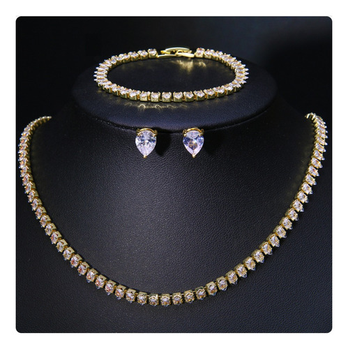 Colar Chocker Riviera Gota Brinco Pulseira Zircônia Dourado