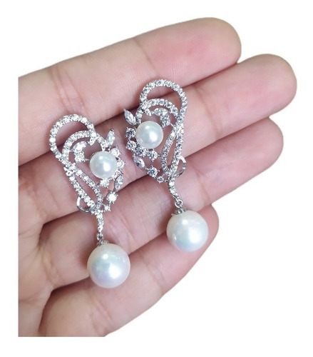 Brinco Pérola E Zirconia Noiva Delicado Prata Grande Luxo