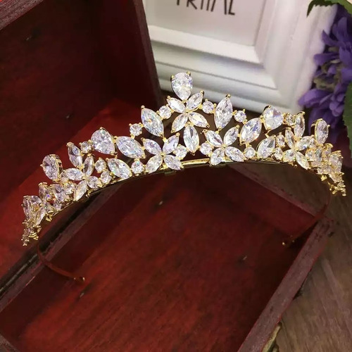 Coroa Tiara Cabelo Noiva Dourada Zirconia Princesa Linda