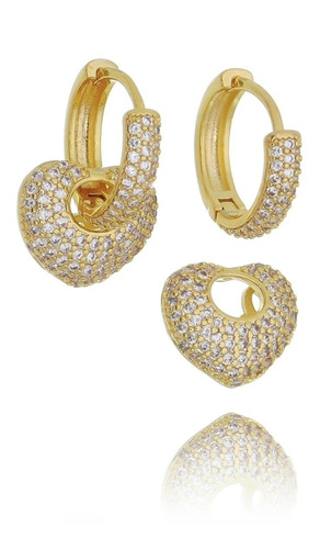 Brinco Argola Pedra Zirconia Coração Dourado F. Ouro 18k