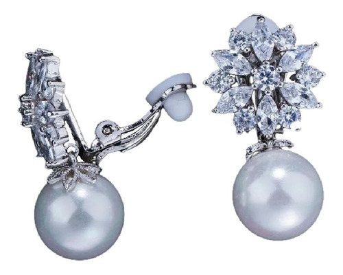 Brinco De Pressão Noiva Perola Pedra Zirconia Prata Festa