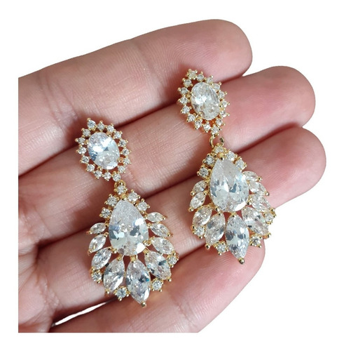 Brinco Noiva Dourado Pedra Zirconia Festa Luxo Folheado Ouro