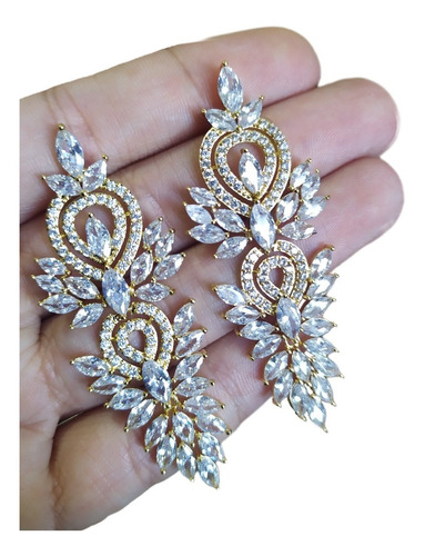 Brinco Noiva Pedra Zirconia Dourado Debutante Grande