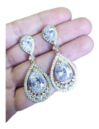 Brinco Noiva Pedra Zirconia Dourado Gota Debutante Grande