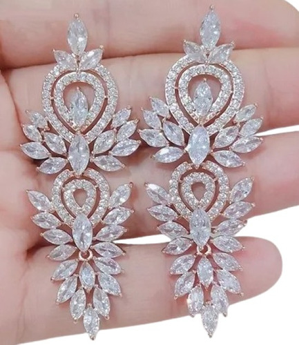 Brinco Noiva Pedra Zirconia Pendurado Dourado Rosê Festa