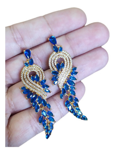 Brinco Noiva Zirconia Dourado Festa Formatura Madrinha Azul