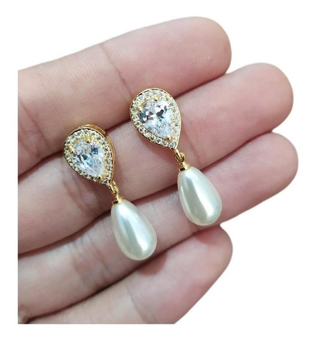 Brinco Noiva Zirconia E Pérola Dourado Delicado Luxo Barato