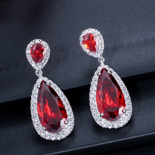 Brinco Pedra Zirconia Prata Festa Gota Vermelho Debutante