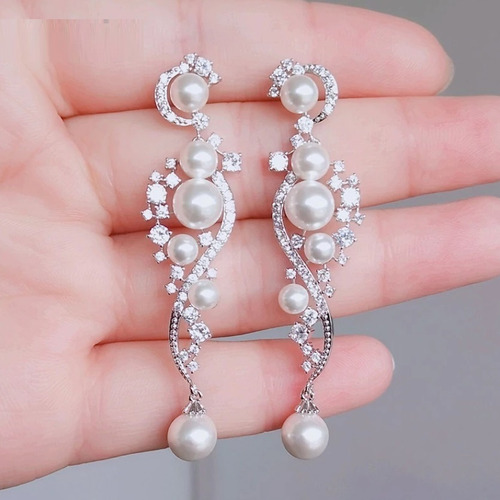 Brinco Pérola E Zirconia Noiva Pendurado Delicado Prata Luxo