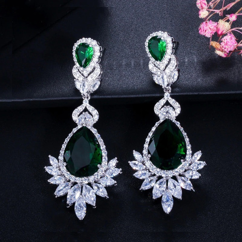 Brinco Verde Madrinha Zirconia Prata Festa Debutante Grande