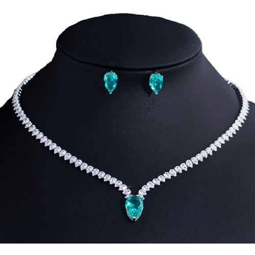 Conjunto Colar Chocker Riviera Gota E Brinco Zircônia Verde