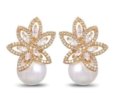 Brinco Zirconia E Pérola Noiva Pequeno Dourado Festa Luxo