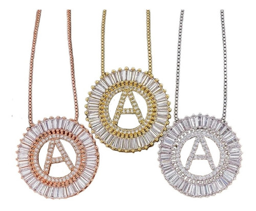 Colar Mandala Letra Pedra Zirconia Prata Semi Joia Grande