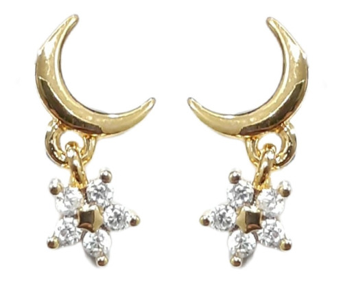 Brinco Infantil Pequeno Lua Flor Pedra Zirconia 2 Furo Folhe