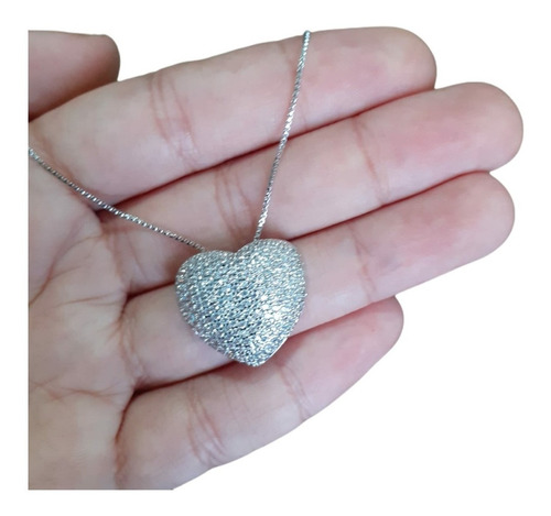 Colar Pedra Zirconia Coração Semijoia Prata F Ródio Presente