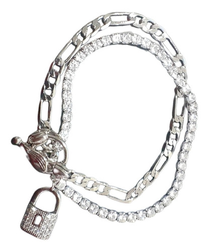 Pulseira Bracelete Prata Cadeado Pedra Zircônia Riviera