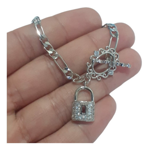 Pulseira Bracelete Prata Cadeado Pedra Zircônia Grossa Rodio