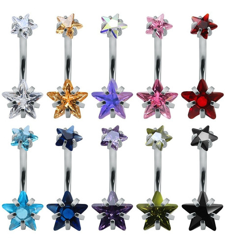 Piercing De Umbigo Prata 2 Estrela Aço Cirúrgico Zircônia